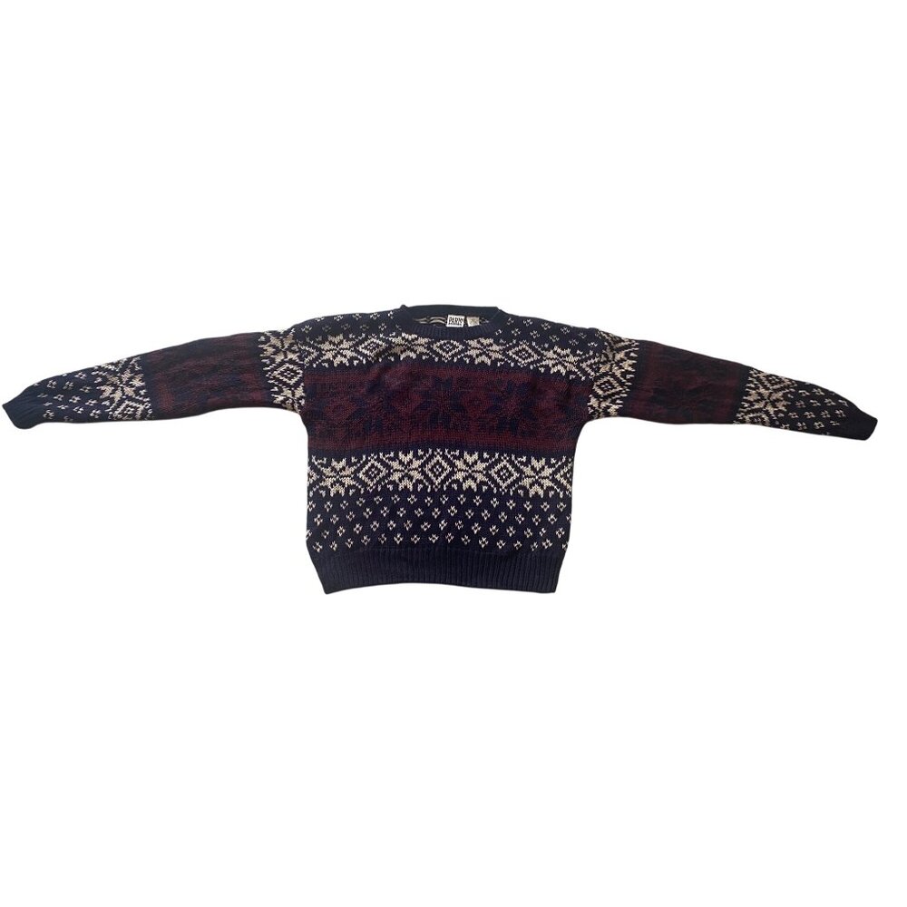 Vintage Paris Sport Club Fair Isle Sweater Knit Size LARGE Blue Long Sleeve